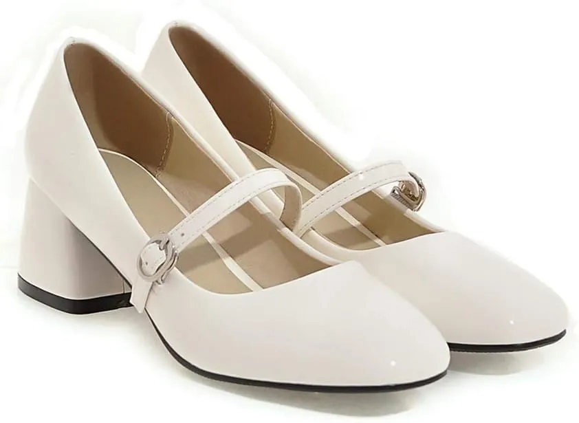 MIOKE Women's Square Toe Mary Jane Pump Oxford Patent Leather Buckle Strap Chunky Mid Heel Retro Dress Shoes