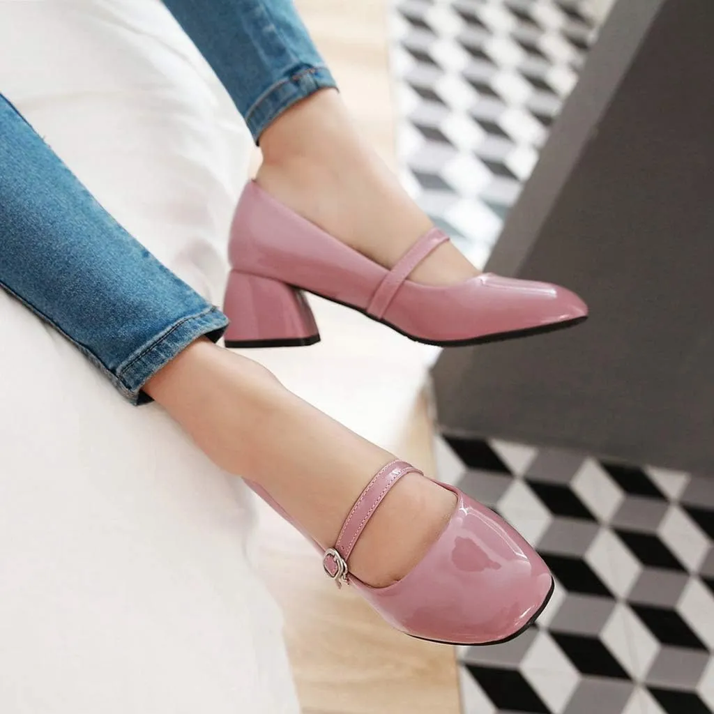 MIOKE Women's Square Toe Mary Jane Pump Oxford Patent Leather Buckle Strap Chunky Mid Heel Retro Dress Shoes