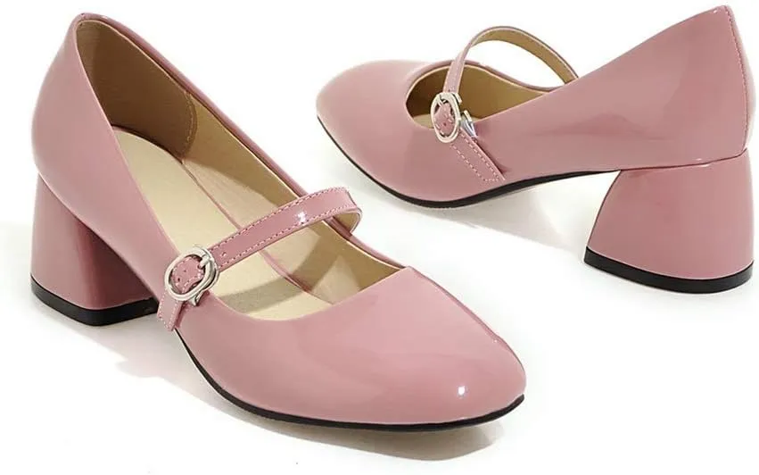 MIOKE Women's Square Toe Mary Jane Pump Oxford Patent Leather Buckle Strap Chunky Mid Heel Retro Dress Shoes
