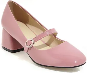 MIOKE Women's Square Toe Mary Jane Pump Oxford Patent Leather Buckle Strap Chunky Mid Heel Retro Dress Shoes