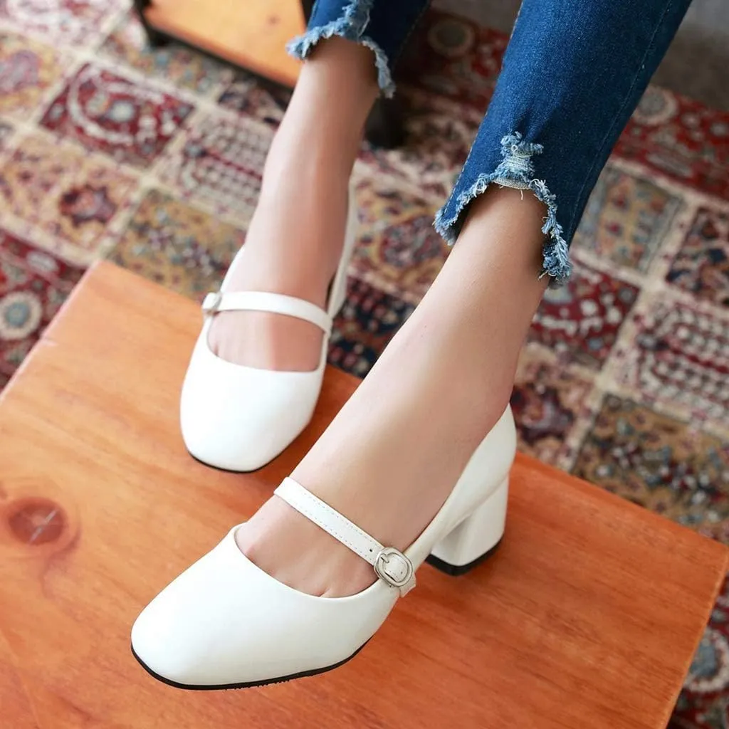 MIOKE Women's Square Toe Mary Jane Pump Oxford Patent Leather Buckle Strap Chunky Mid Heel Retro Dress Shoes