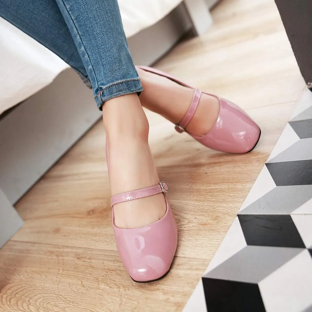 MIOKE Women's Square Toe Mary Jane Pump Oxford Patent Leather Buckle Strap Chunky Mid Heel Retro Dress Shoes