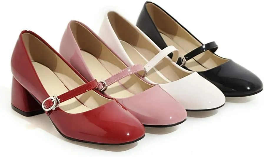 MIOKE Women's Square Toe Mary Jane Pump Oxford Patent Leather Buckle Strap Chunky Mid Heel Retro Dress Shoes