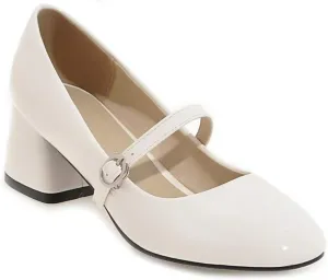 MIOKE Women's Square Toe Mary Jane Pump Oxford Patent Leather Buckle Strap Chunky Mid Heel Retro Dress Shoes