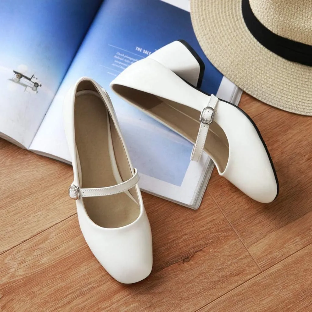 MIOKE Women's Square Toe Mary Jane Pump Oxford Patent Leather Buckle Strap Chunky Mid Heel Retro Dress Shoes