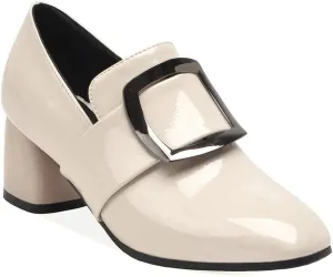 MIOKE Women's Square Toe Slip On Penny Loafers Patent Leather Metallic Comfort Low Heel Dress Oxford Shoes