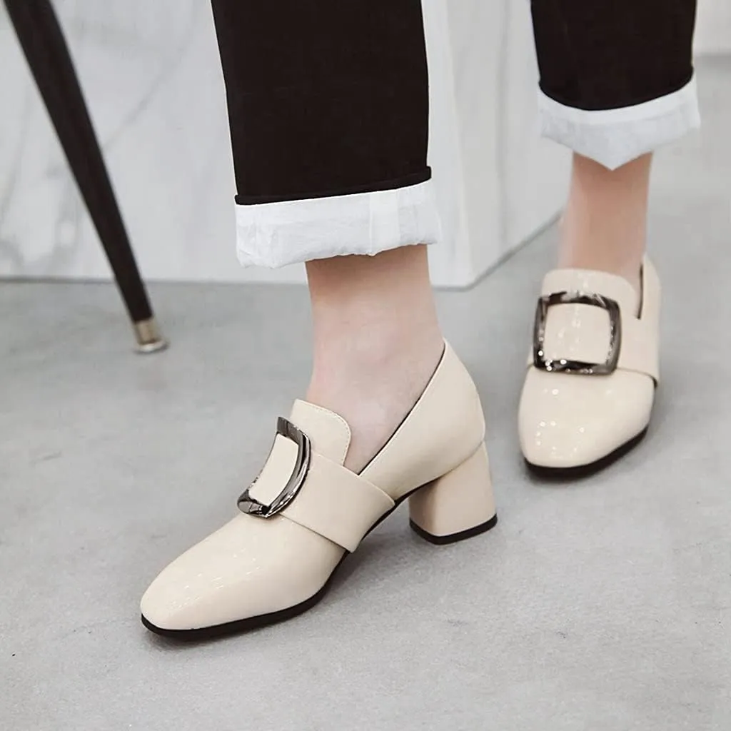 MIOKE Women's Square Toe Slip On Penny Loafers Patent Leather Metallic Comfort Low Heel Dress Oxford Shoes