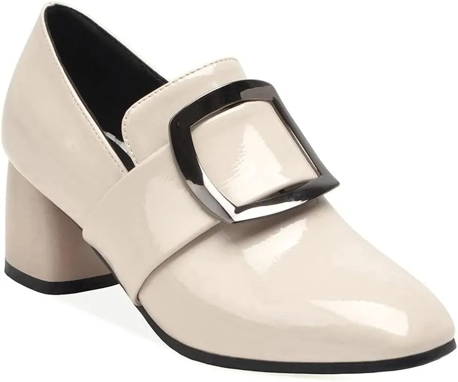 MIOKE Women's Square Toe Slip On Penny Loafers Patent Leather Metallic Comfort Low Heel Dress Oxford Shoes