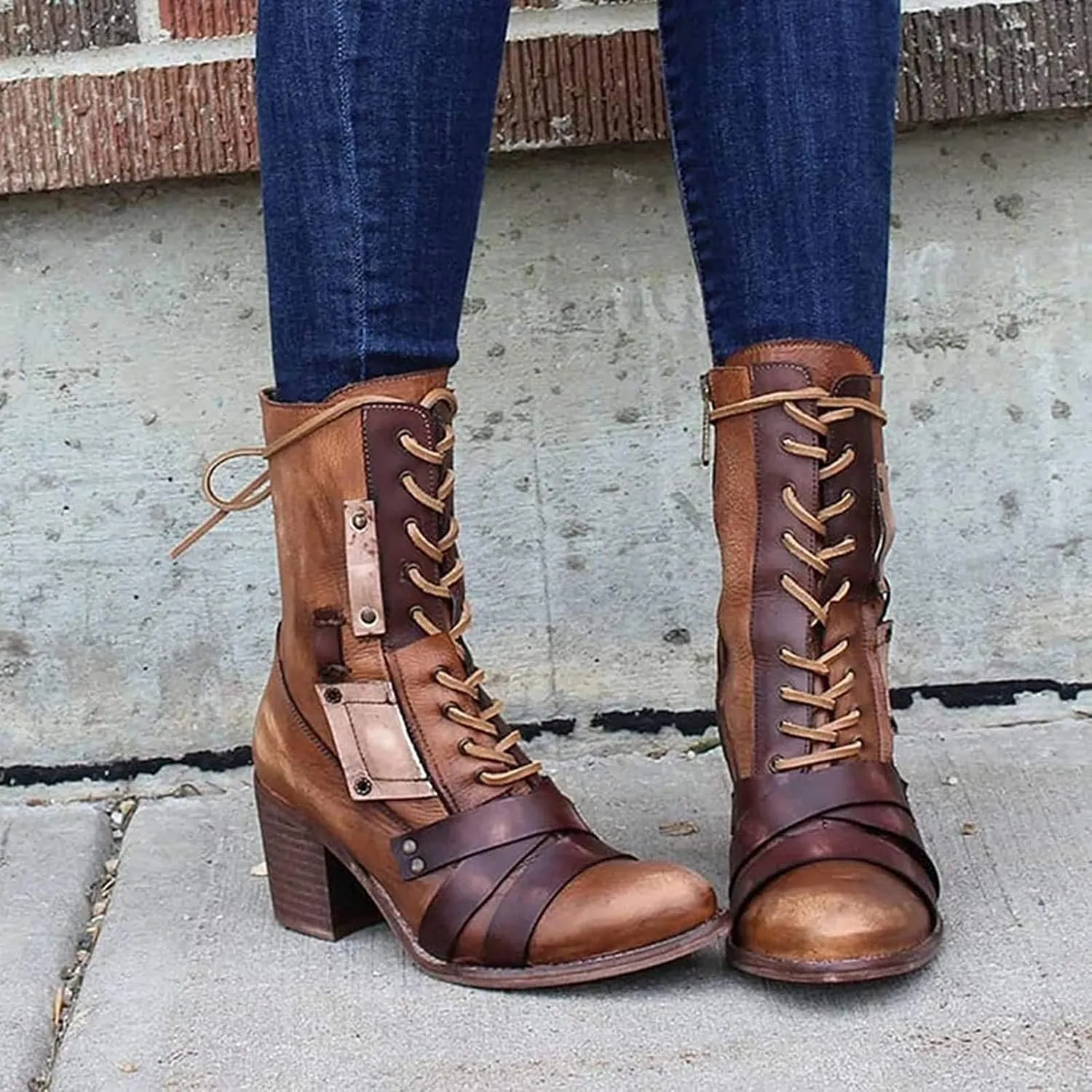 oiangi Womens Winter Boots High Heel Fashion Round Toe Lace up Side Zipper Thick Heel Mid Calf Boots Comfortable Casual Street Style Motorcycle Boots