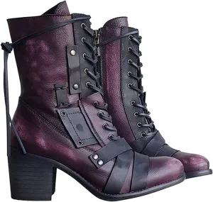 oiangi Womens Winter Boots High Heel Fashion Round Toe Lace up Side Zipper Thick Heel Mid Calf Boots Comfortable Casual Street Style Motorcycle Boots