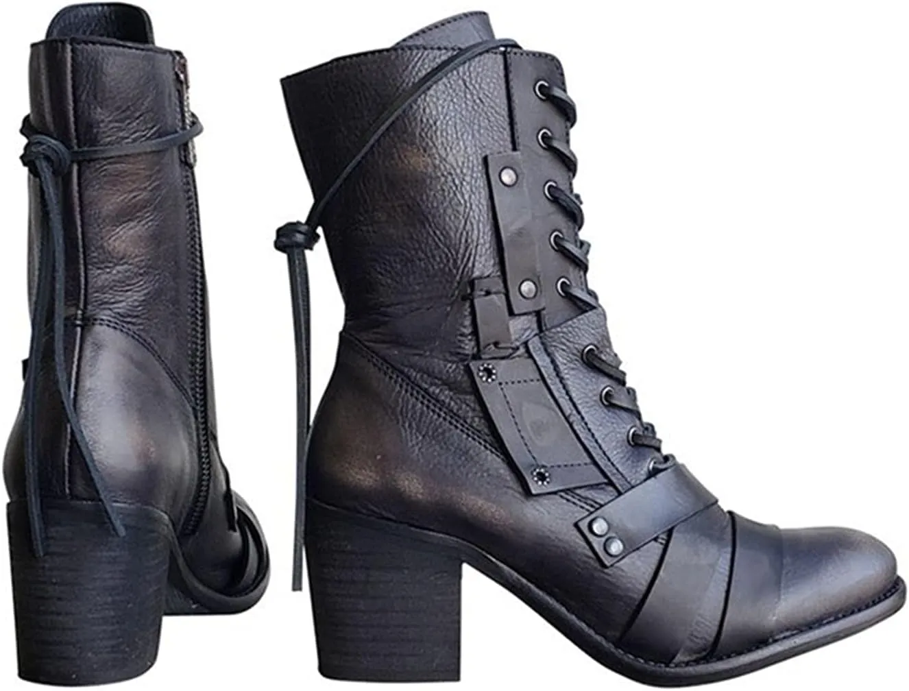 oiangi Womens Winter Boots High Heel Fashion Round Toe Lace up Side Zipper Thick Heel Mid Calf Boots Comfortable Casual Street Style Motorcycle Boots