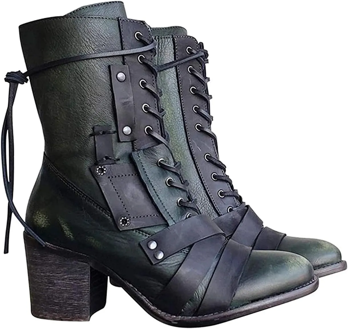 oiangi Womens Winter Boots High Heel Fashion Round Toe Lace up Side Zipper Thick Heel Mid Calf Boots Comfortable Casual Street Style Motorcycle Boots