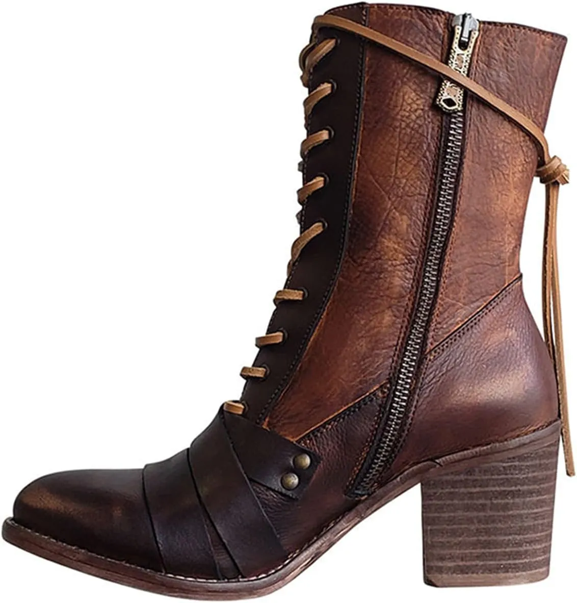 oiangi Womens Winter Boots High Heel Fashion Round Toe Lace up Side Zipper Thick Heel Mid Calf Boots Comfortable Casual Street Style Motorcycle Boots