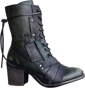 oiangi Womens Winter Boots High Heel Fashion Round Toe Lace up Side Zipper Thick Heel Mid Calf Boots Comfortable Casual Street Style Motorcycle Boots