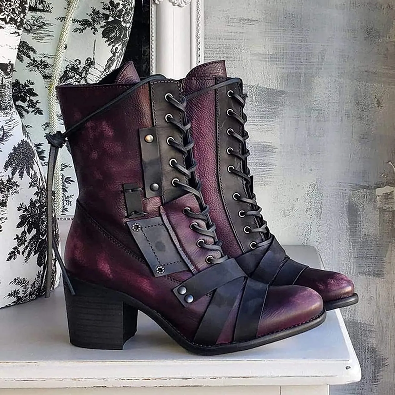 oiangi Womens Winter Boots High Heel Fashion Round Toe Lace up Side Zipper Thick Heel Mid Calf Boots Comfortable Casual Street Style Motorcycle Boots
