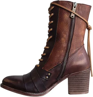 oiangi Womens Winter Boots High Heel Fashion Round Toe Lace up Side Zipper Thick Heel Mid Calf Boots Comfortable Casual Street Style Motorcycle Boots