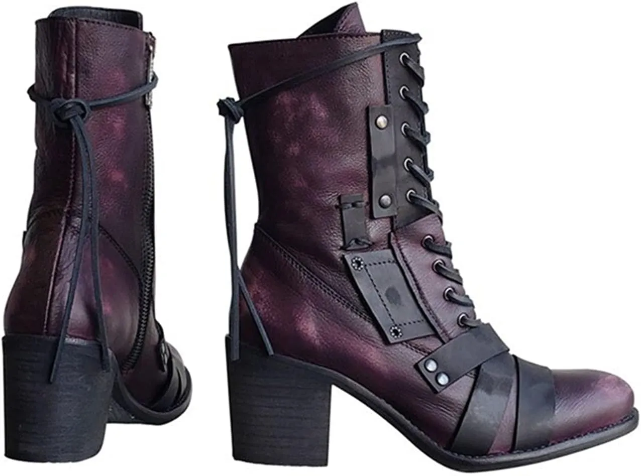 oiangi Womens Winter Boots High Heel Fashion Round Toe Lace up Side Zipper Thick Heel Mid Calf Boots Comfortable Casual Street Style Motorcycle Boots