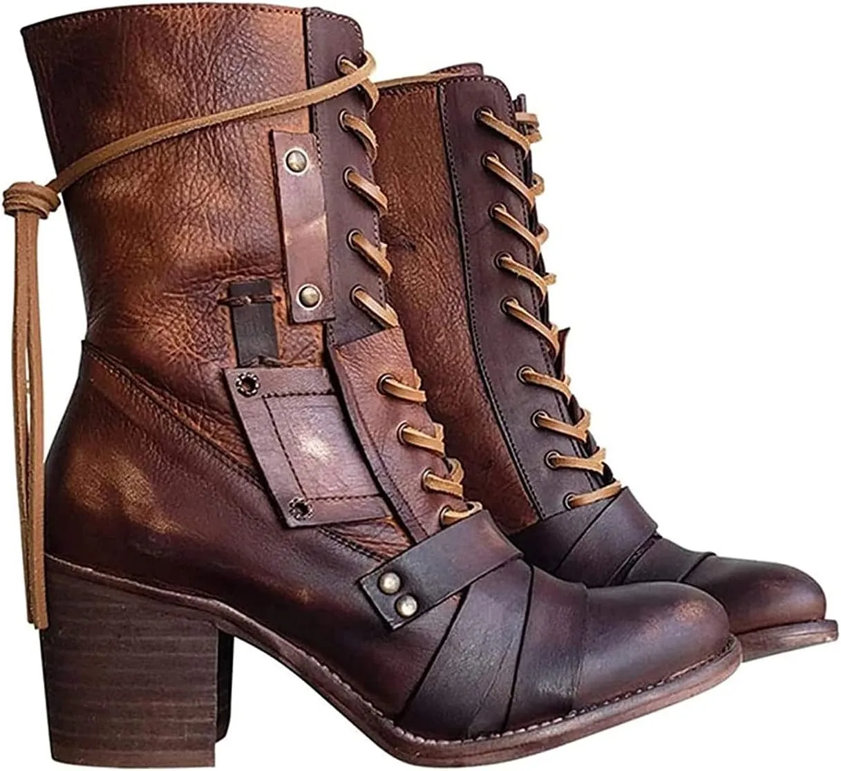 oiangi Womens Winter Boots High Heel Fashion Round Toe Lace up Side Zipper Thick Heel Mid Calf Boots Comfortable Casual Street Style Motorcycle Boots