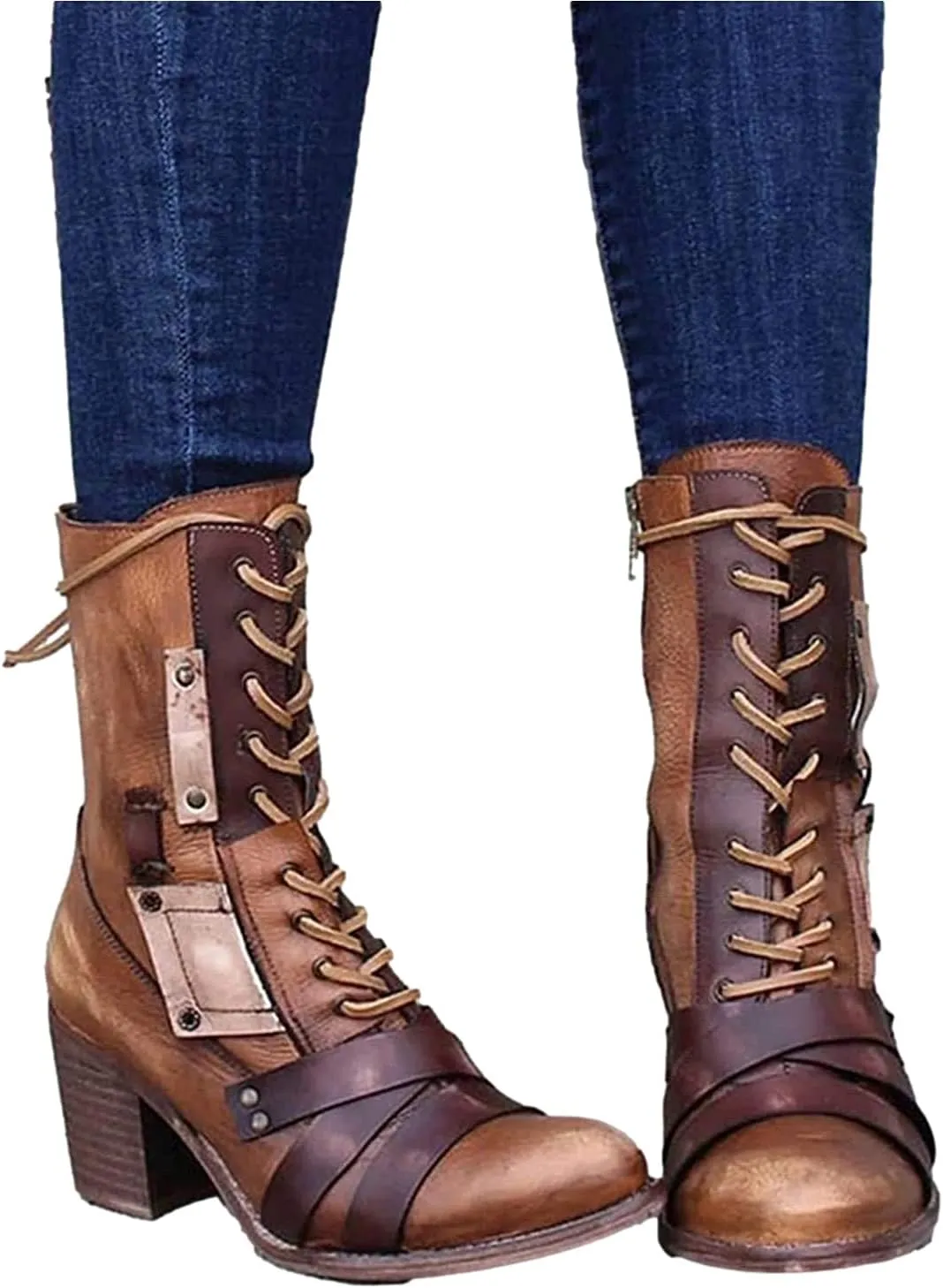 oiangi Womens Winter Boots High Heel Fashion Round Toe Lace up Side Zipper Thick Heel Mid Calf Boots Comfortable Casual Street Style Motorcycle Boots