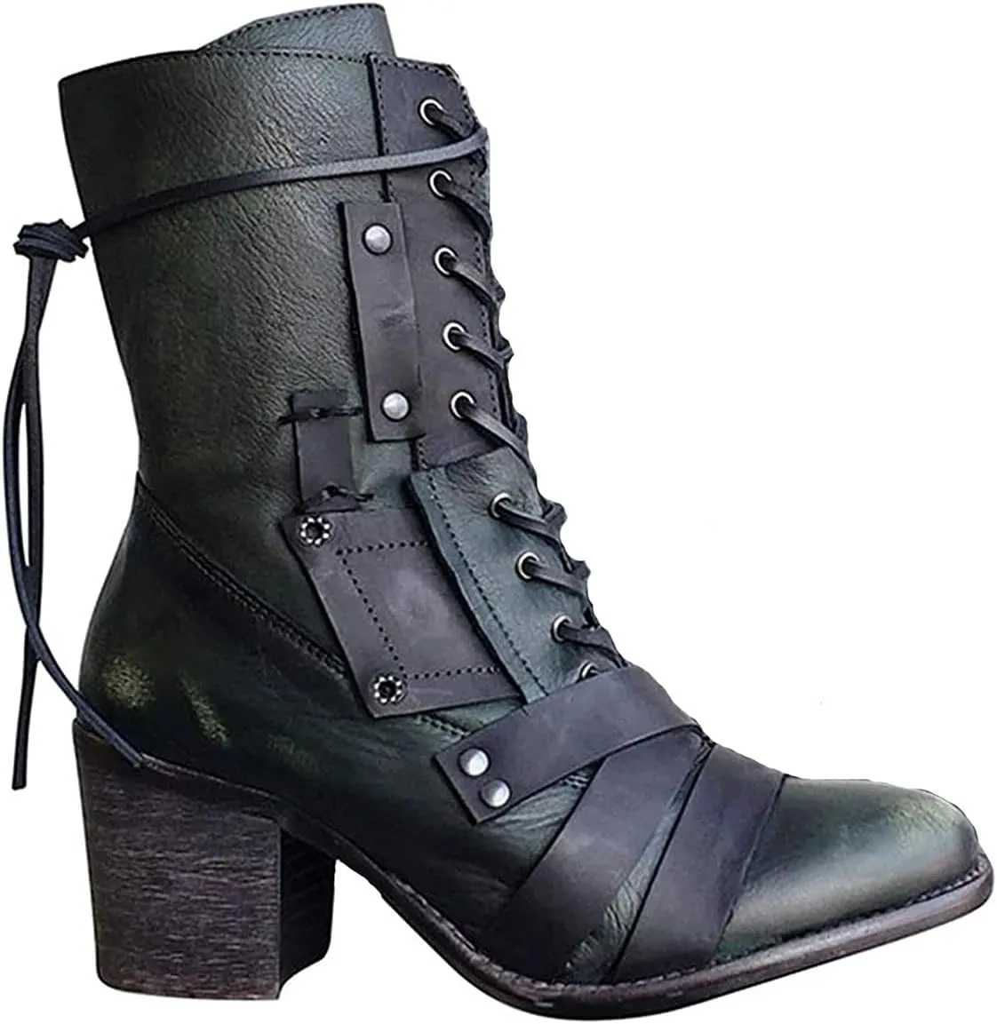 oiangi Womens Winter Boots High Heel Fashion Round Toe Lace up Side Zipper Thick Heel Mid Calf Boots Comfortable Casual Street Style Motorcycle Boots