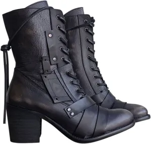 oiangi Womens Winter Boots High Heel Fashion Round Toe Lace up Side Zipper Thick Heel Mid Calf Boots Comfortable Casual Street Style Motorcycle Boots