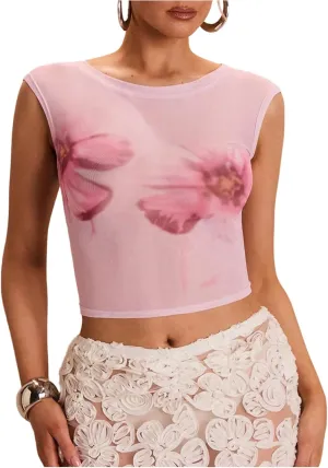 OYOANGLE Women's Floral Print Crew Neck Mesh Crop Top Sleeveless Slim Fit Holiday Tee Shirt
