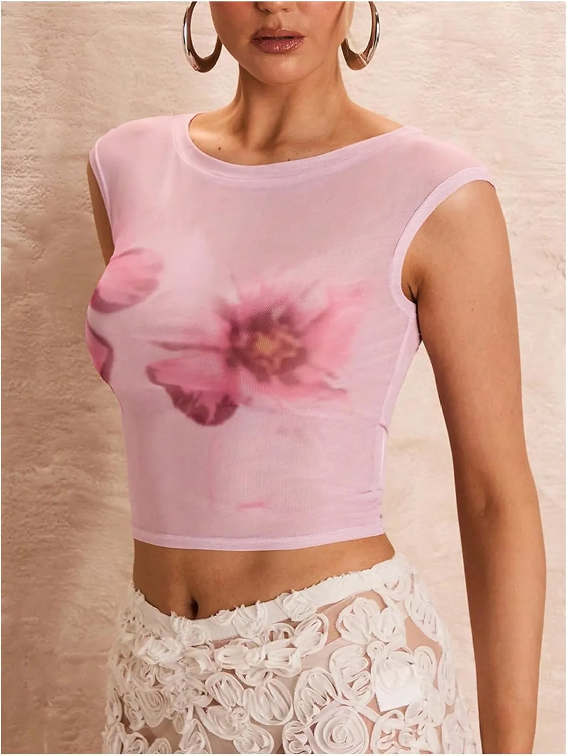 OYOANGLE Women's Floral Print Crew Neck Mesh Crop Top Sleeveless Slim Fit Holiday Tee Shirt