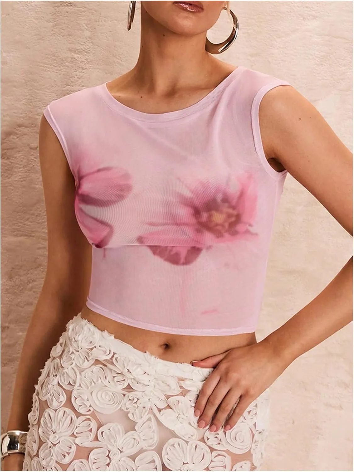 OYOANGLE Women's Floral Print Crew Neck Mesh Crop Top Sleeveless Slim Fit Holiday Tee Shirt