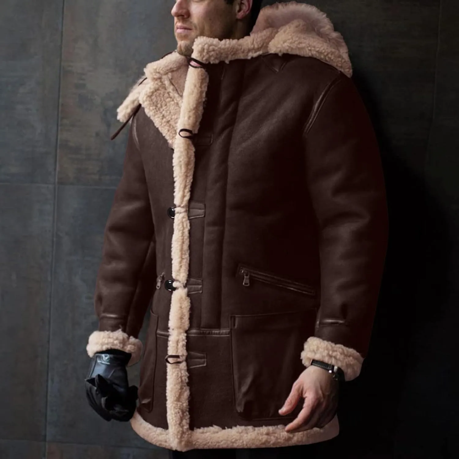 RTRDE Men's Coats Trench Coat Sherpa Fleece Lined Pea Coat Winter Warm Long Jacket Coats, M-3XL