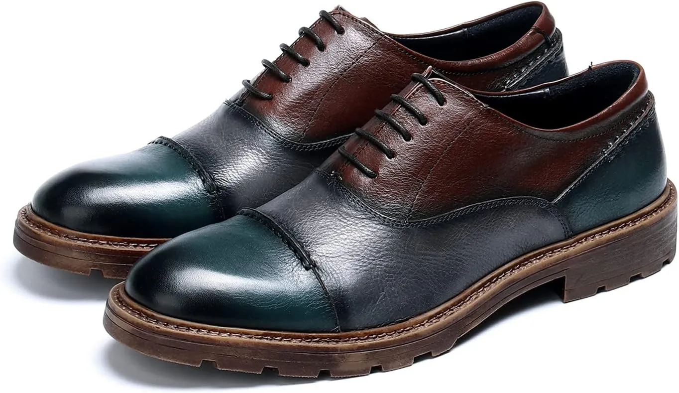 Santimon Mens Dress Shoes Leather Cap Toe Formal Mens Oxfords Retro Derby Oxford Blue Brown