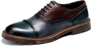 Santimon Mens Dress Shoes Leather Cap Toe Formal Mens Oxfords Retro Derby Oxford Blue Brown