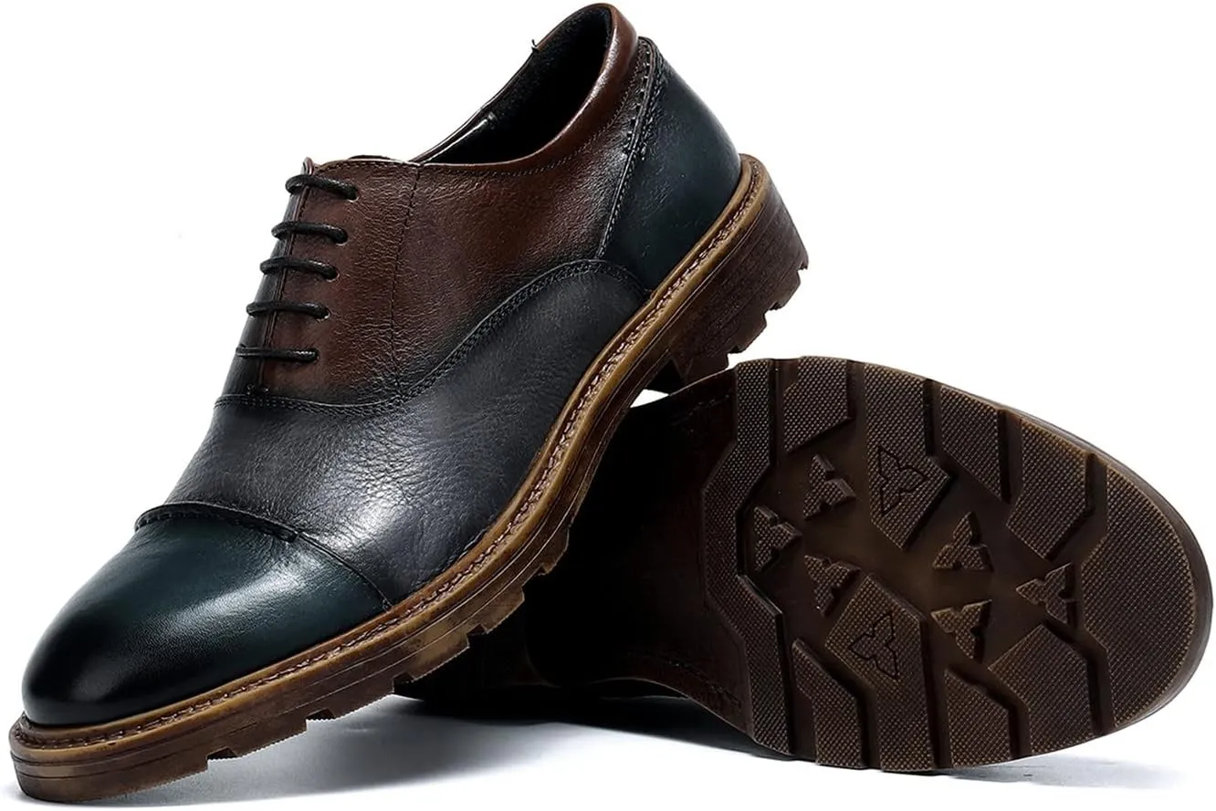 Santimon Mens Dress Shoes Leather Cap Toe Formal Mens Oxfords Retro Derby Oxford Blue Brown