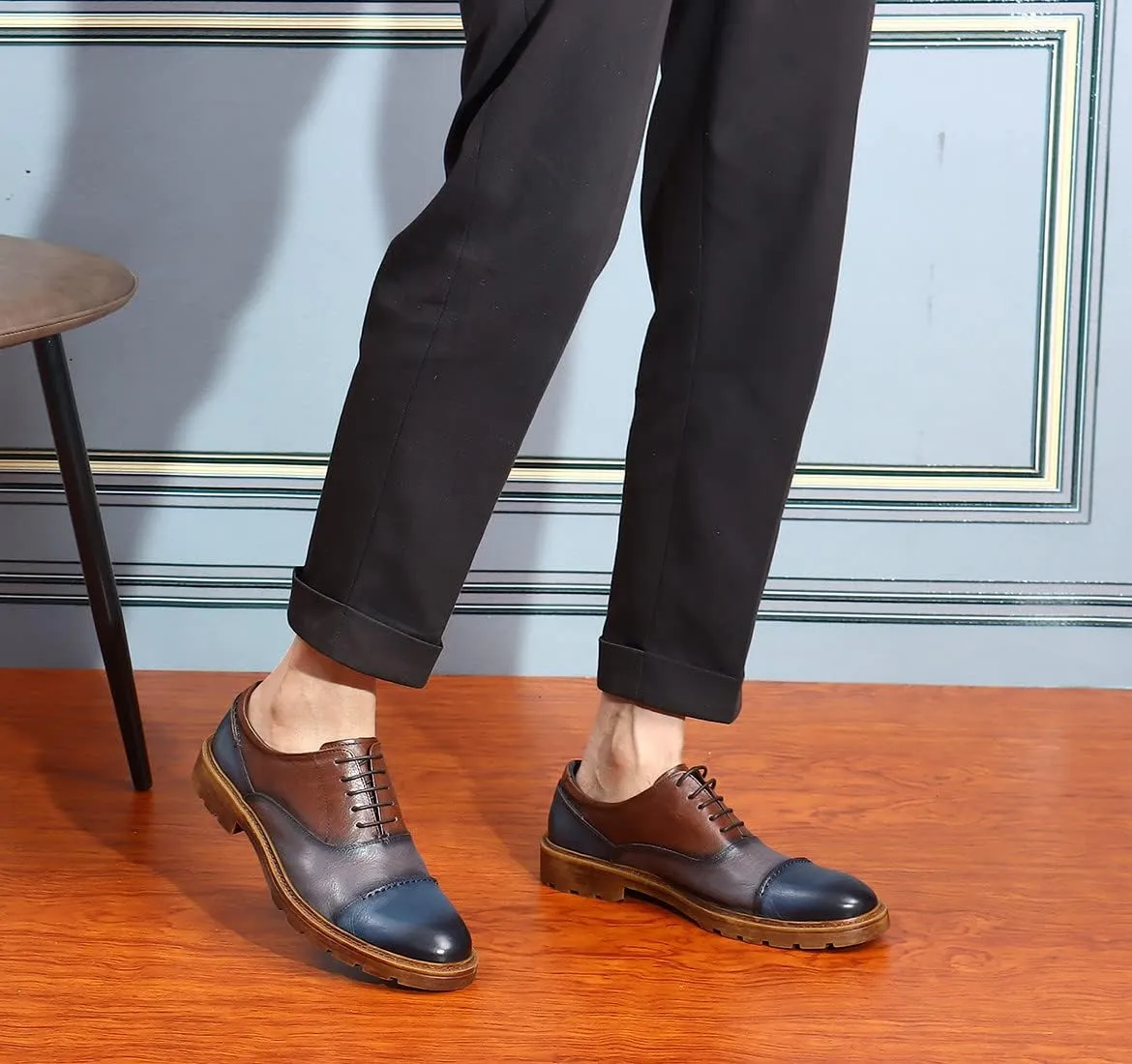 Santimon Mens Dress Shoes Leather Cap Toe Formal Mens Oxfords Retro Derby Oxford Blue Brown