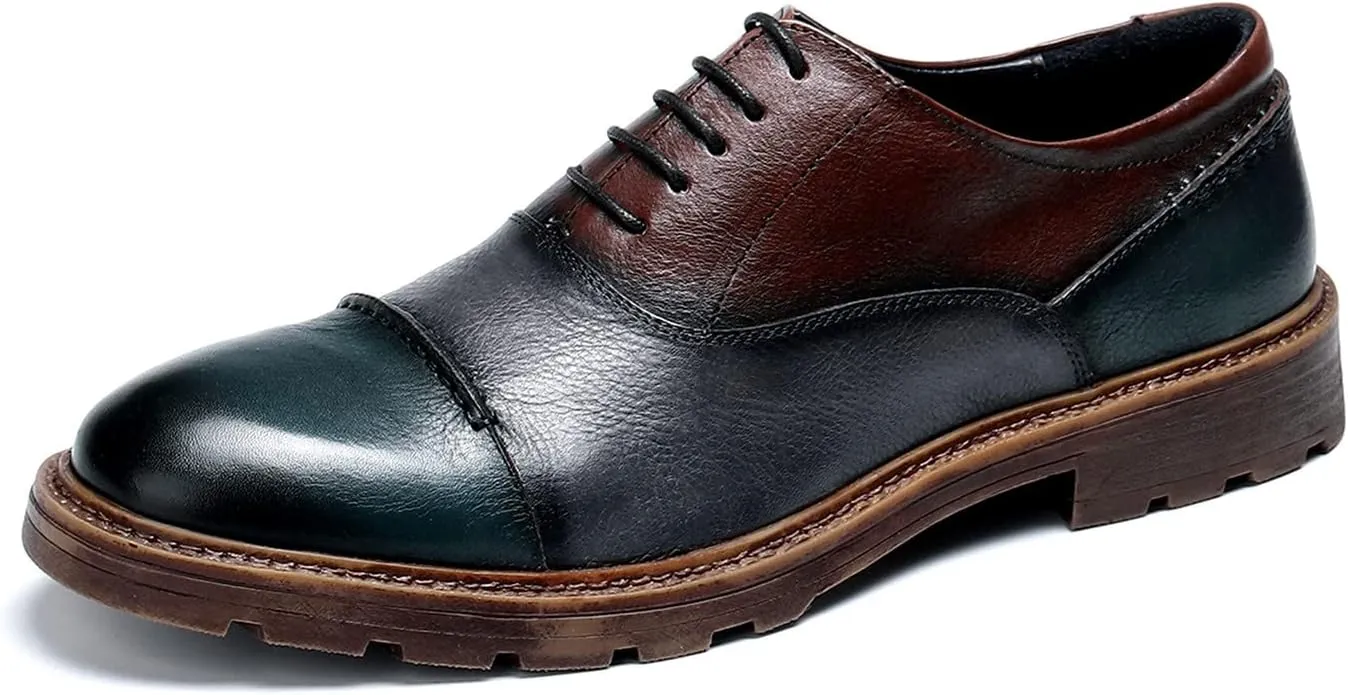Santimon Mens Dress Shoes Leather Cap Toe Formal Mens Oxfords Retro Derby Oxford Blue Brown