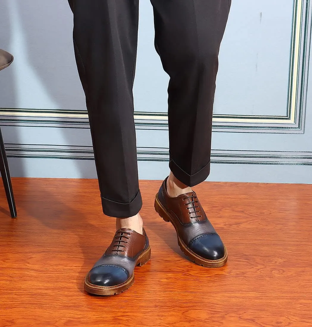 Santimon Mens Dress Shoes Leather Cap Toe Formal Mens Oxfords Retro Derby Oxford Blue Brown