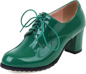 SHEMEE Patent Leather Oxfords for Women Chunky Block Heels Brogues Round Toe Lace Up Pumps Work Office Dress Shoes