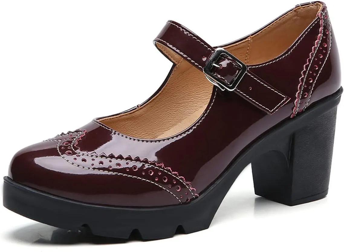 SHEMEE Women's Chunky Platform Patent Leather Mary Janes Pumps Buckle Ankle Strap Block High Heels Wingtip Oxfords Dress Shoes Uniform