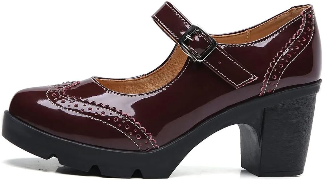 SHEMEE Women's Chunky Platform Patent Leather Mary Janes Pumps Buckle Ankle Strap Block High Heels Wingtip Oxfords Dress Shoes Uniform
