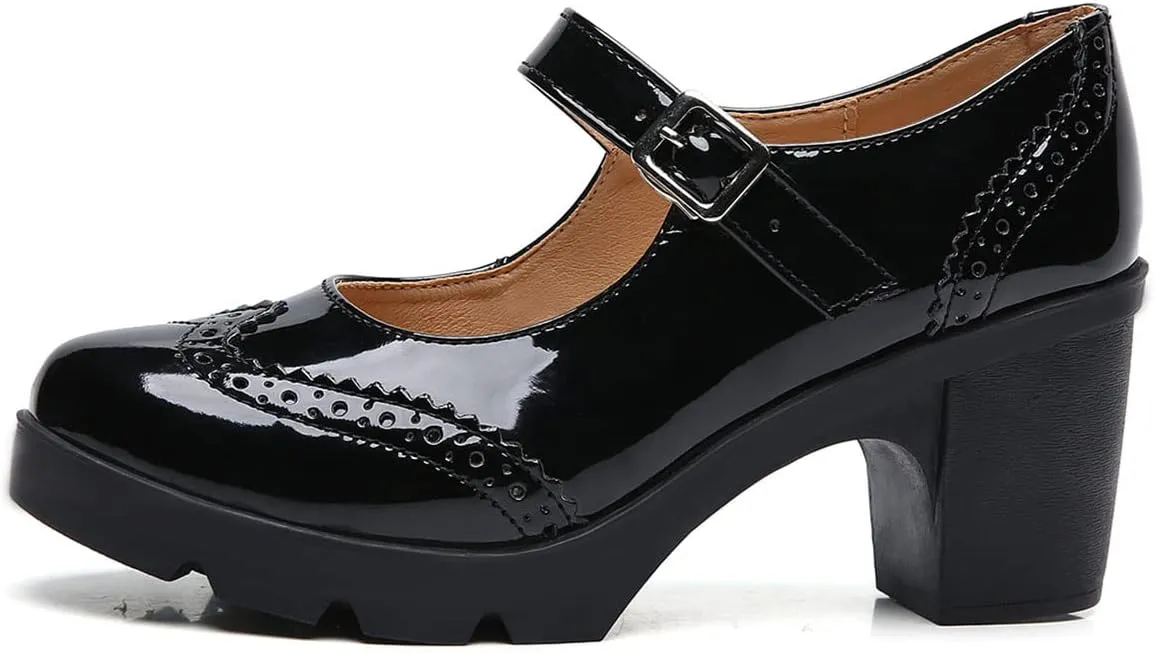 SHEMEE Women's Chunky Platform Patent Leather Mary Janes Pumps Buckle Ankle Strap Block High Heels Wingtip Oxfords Dress Shoes Uniform