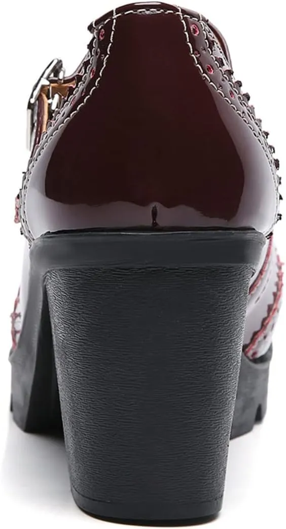 SHEMEE Women's Chunky Platform Patent Leather Mary Janes Pumps Buckle Ankle Strap Block High Heels Wingtip Oxfords Dress Shoes Uniform