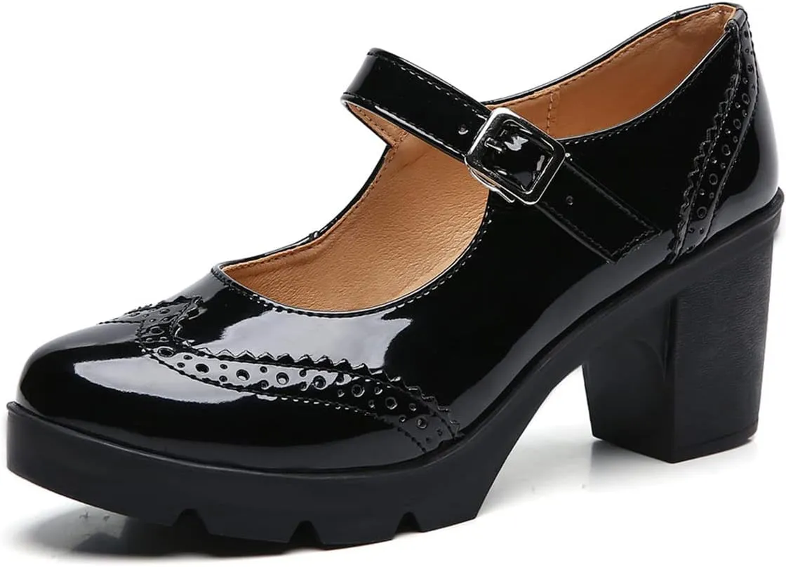SHEMEE Women's Chunky Platform Patent Leather Mary Janes Pumps Buckle Ankle Strap Block High Heels Wingtip Oxfords Dress Shoes Uniform