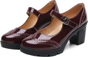 SHEMEE Women's Chunky Platform Patent Leather Mary Janes Pumps Buckle Ankle Strap Block High Heels Wingtip Oxfords Dress Shoes Uniform