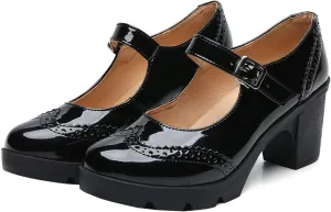 SHEMEE Women's Chunky Platform Patent Leather Mary Janes Pumps Buckle Ankle Strap Block High Heels Wingtip Oxfords Dress Shoes Uniform