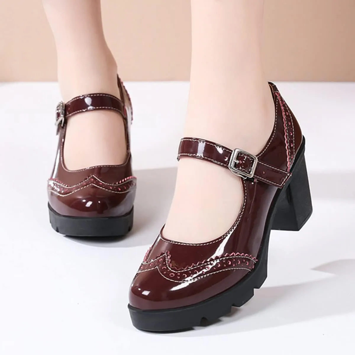 SHEMEE Women's Chunky Platform Patent Leather Mary Janes Pumps Buckle Ankle Strap Block High Heels Wingtip Oxfords Dress Shoes Uniform