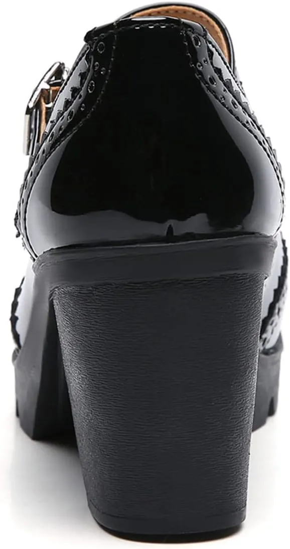 SHEMEE Women's Chunky Platform Patent Leather Mary Janes Pumps Buckle Ankle Strap Block High Heels Wingtip Oxfords Dress Shoes Uniform