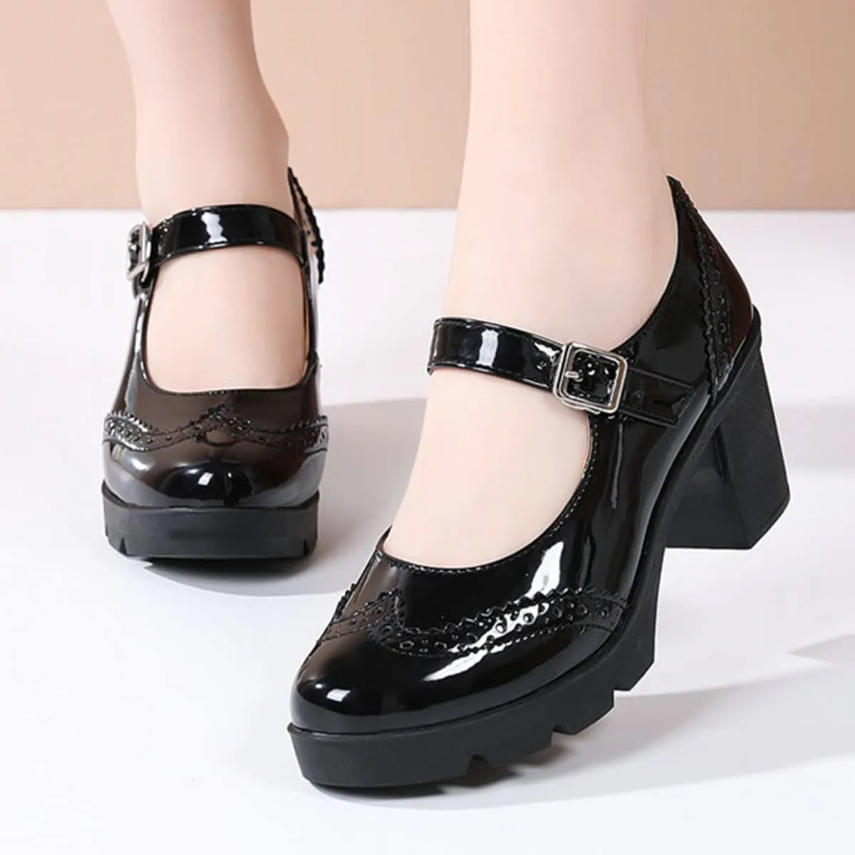 SHEMEE Women's Chunky Platform Patent Leather Mary Janes Pumps Buckle Ankle Strap Block High Heels Wingtip Oxfords Dress Shoes Uniform