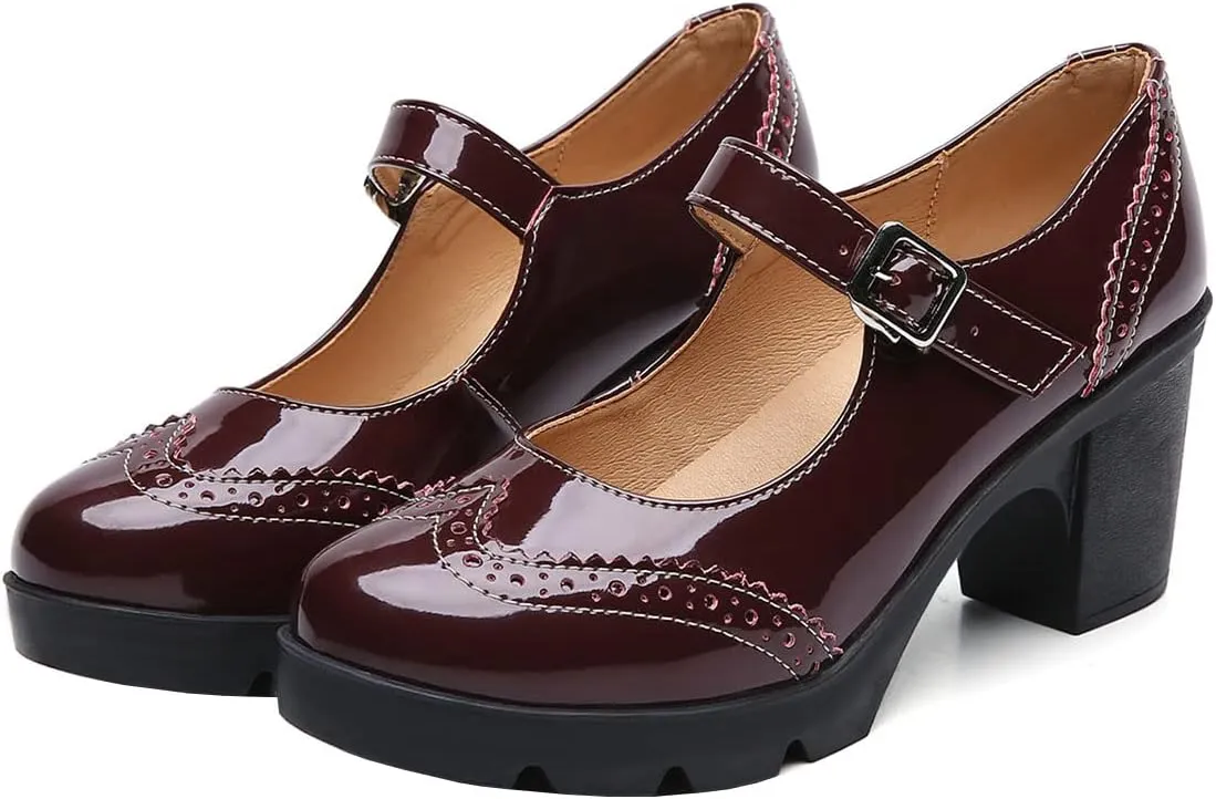 SHEMEE Women's Chunky Platform Patent Leather Mary Janes Pumps Buckle Ankle Strap Block High Heels Wingtip Oxfords Dress Shoes Uniform