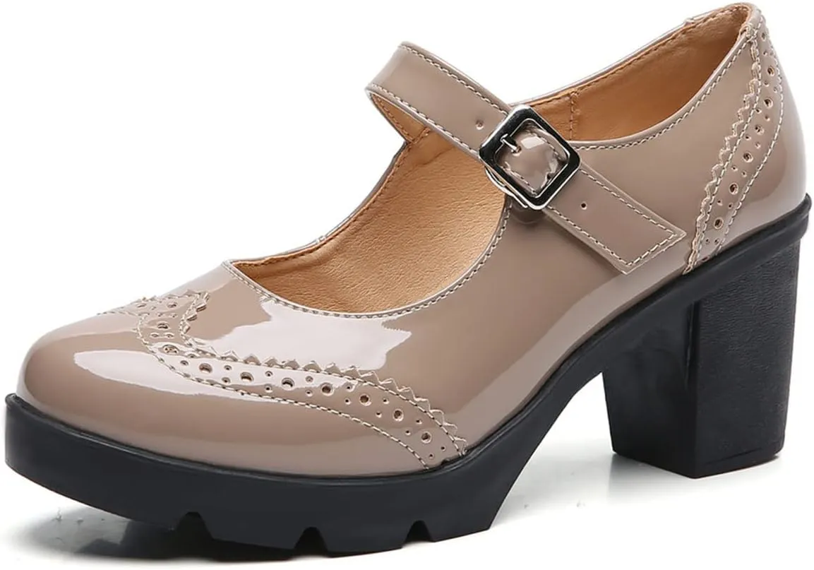 SHEMEE Women's Chunky Platform Patent Leather Mary Janes Pumps Buckle Ankle Strap Block High Heels Wingtip Oxfords Dress Shoes Uniform