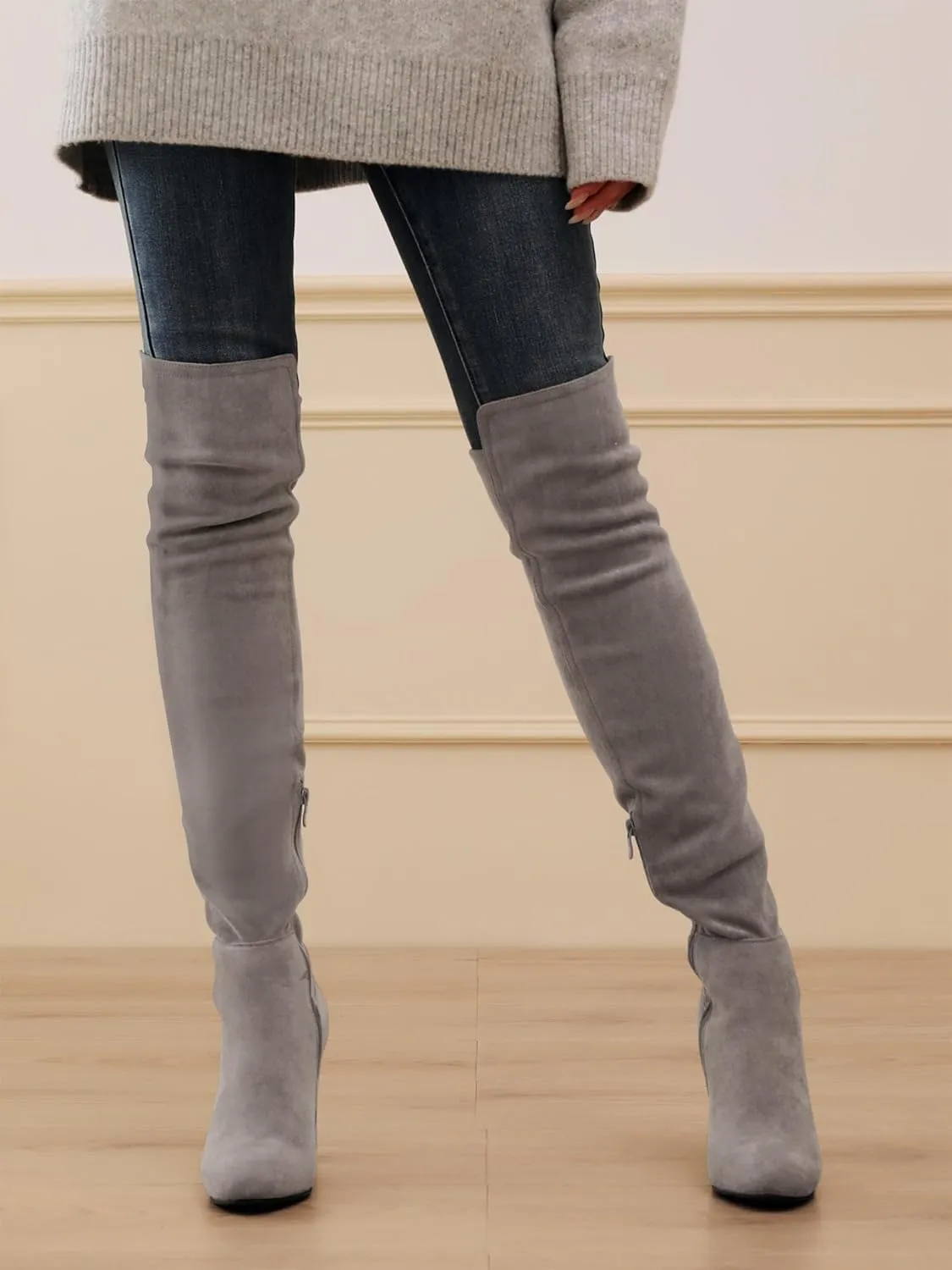 Shoe'N Tale Women Faux Suede Chunky Heel Stretch Over The Knee Thigh High Boots