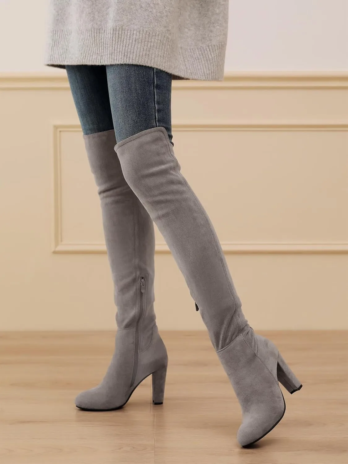 Shoe'N Tale Women Faux Suede Chunky Heel Stretch Over The Knee Thigh High Boots